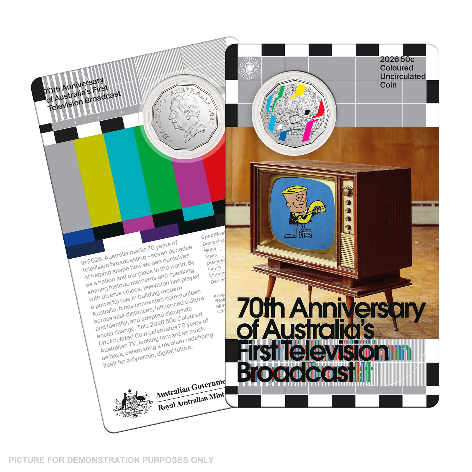 2026 RAM 50c Coloured Uncirculated Coin - First Television Broadcst 70th